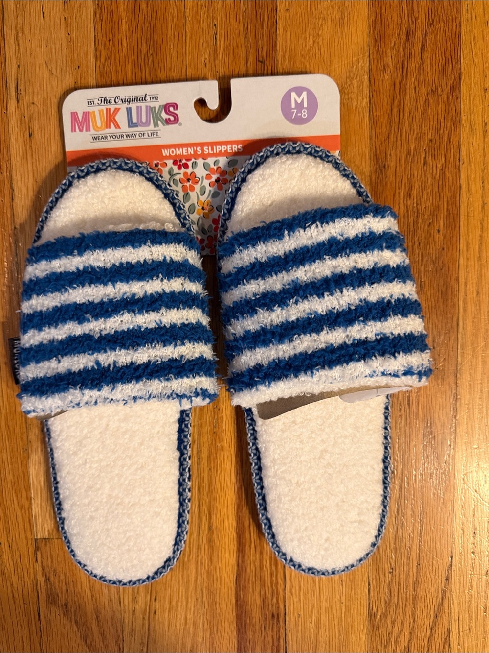 Muk Luks Blue & White Striped Terry Slide Slippers